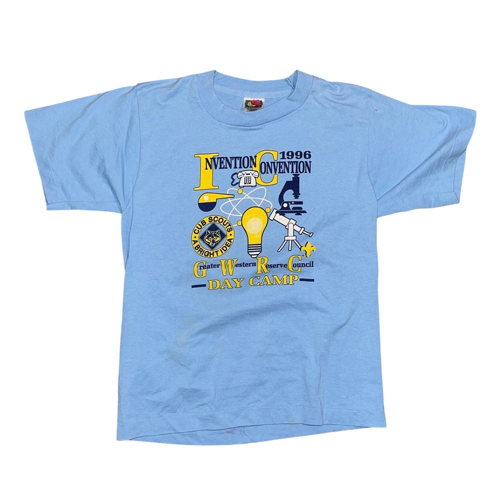 Vintage 1996 Cub Scouts Invention Convention T-Shirt Kids 14-16 Blue 90s USA